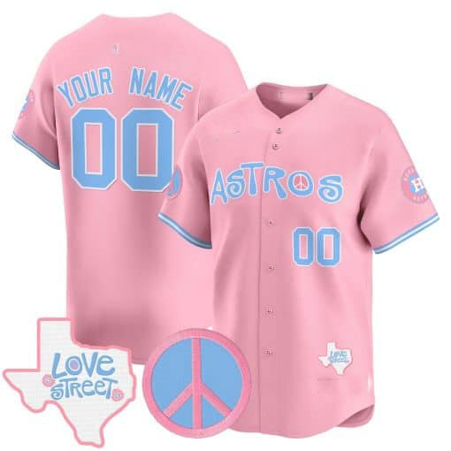 Custom Houston Astros Love Street & Peace Sign Patch Bubblegum Pink Vapor Premier Limited ¨C All Stitched Baseball Jersey