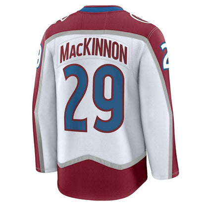 C.Avalanche #29 Nathan MacKinnon Fanatics Away Premium Jersey - White Stitched American Hockey Jerseys