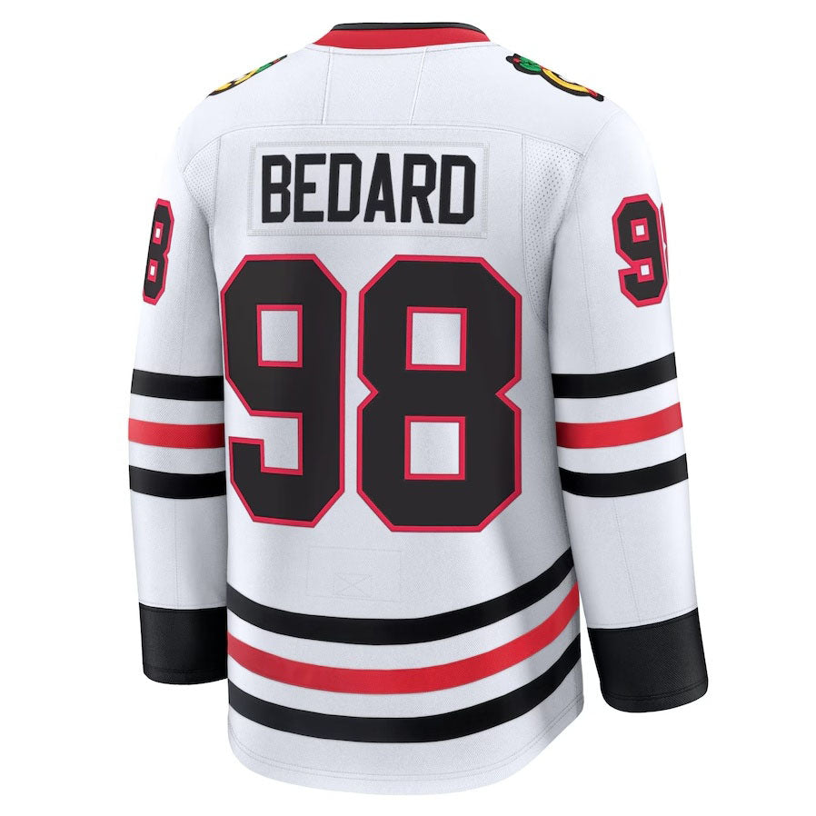 C.Blackhawks #98 Connor Bedard Fanatics Away Premium Jersey - White Stitched American Hockey Jerseys