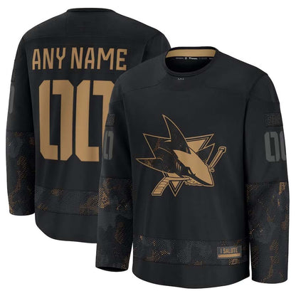 Custom SJ.Sharks Fanatics 2024 Military Appreciation Personalized Long Sleeve Practice Jersey - Black Stitched American Hockey Jerseys