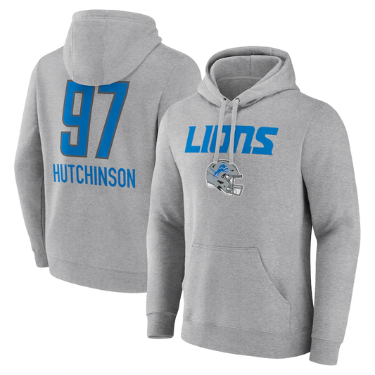 D. Lions #97 Aidan Hutchinson Gray Team Wordmark Player Name & Number Pullover Hoodie Jerseys