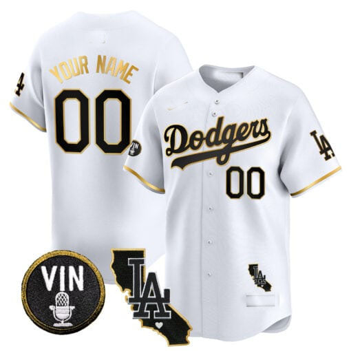 Custom Los Angeles Dodgers Vin & California Patch Gold Trim Vapor Premier Limited ¨C All Stitched Baseball Jersey