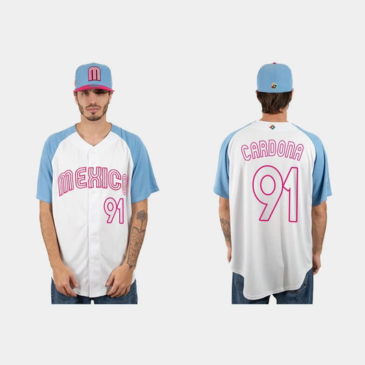 #91 JOSE CARDONA MEXICO BASEBALL 2023 WORLD BASEBALL CLASSIC JERSEY ¨C WHITE BLUE Stitches Baseball Jerseys