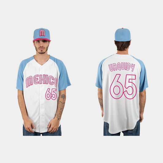 #65 JOSE URQUIDY MEXICO BASEBALL 2023 WORLD BASEBALL CLASSIC JERSEY ¨C WHITE BLUE Stitches Baseball Jerseys