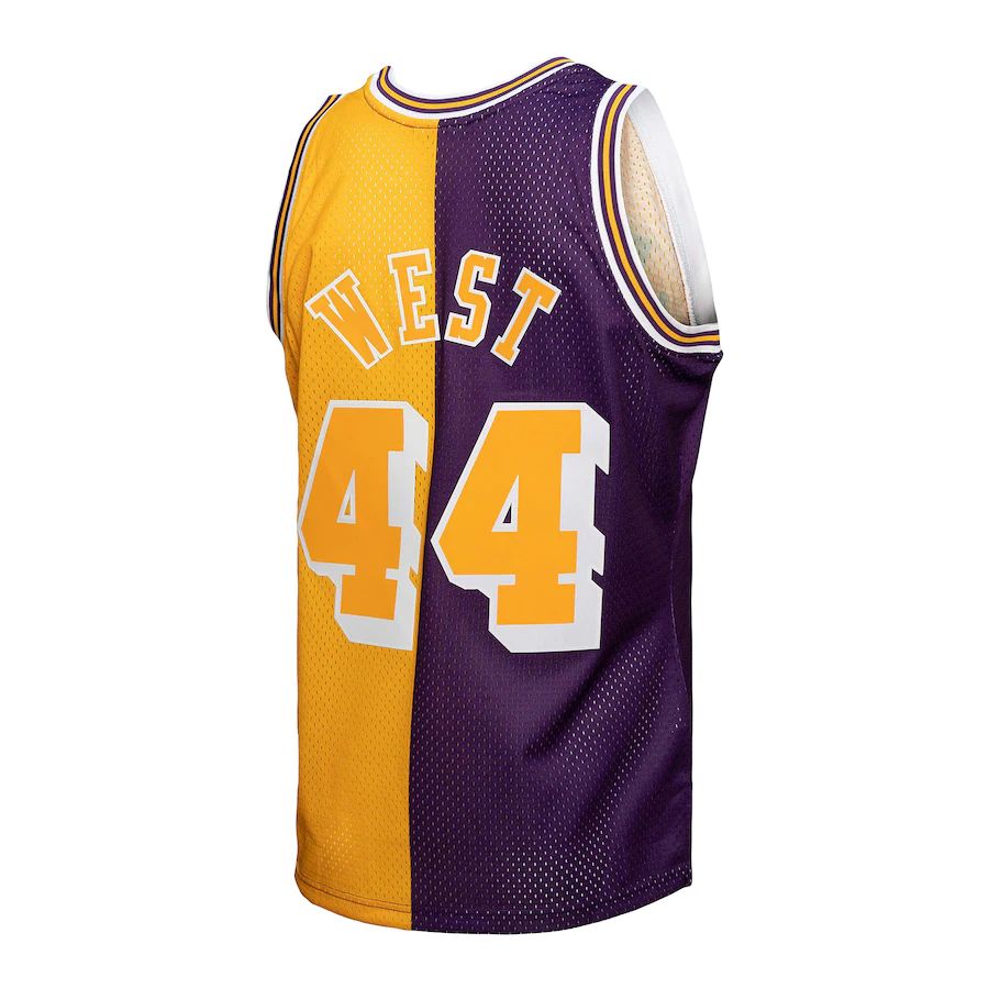 LA.Lakers #44 Jerry West Mitchell & Ness Hardwood Classics 1971-72 Split Swingman Jersey Purple Gold Stitched American Basketball Jersey