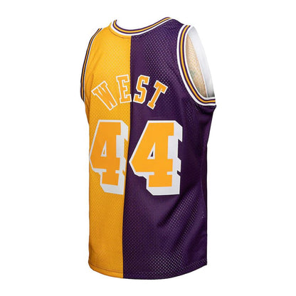 LA.Lakers #44 Jerry West Mitchell & Ness Hardwood Classics 1971-72 Split Swingman Jersey Purple Gold Stitched American Basketball Jersey