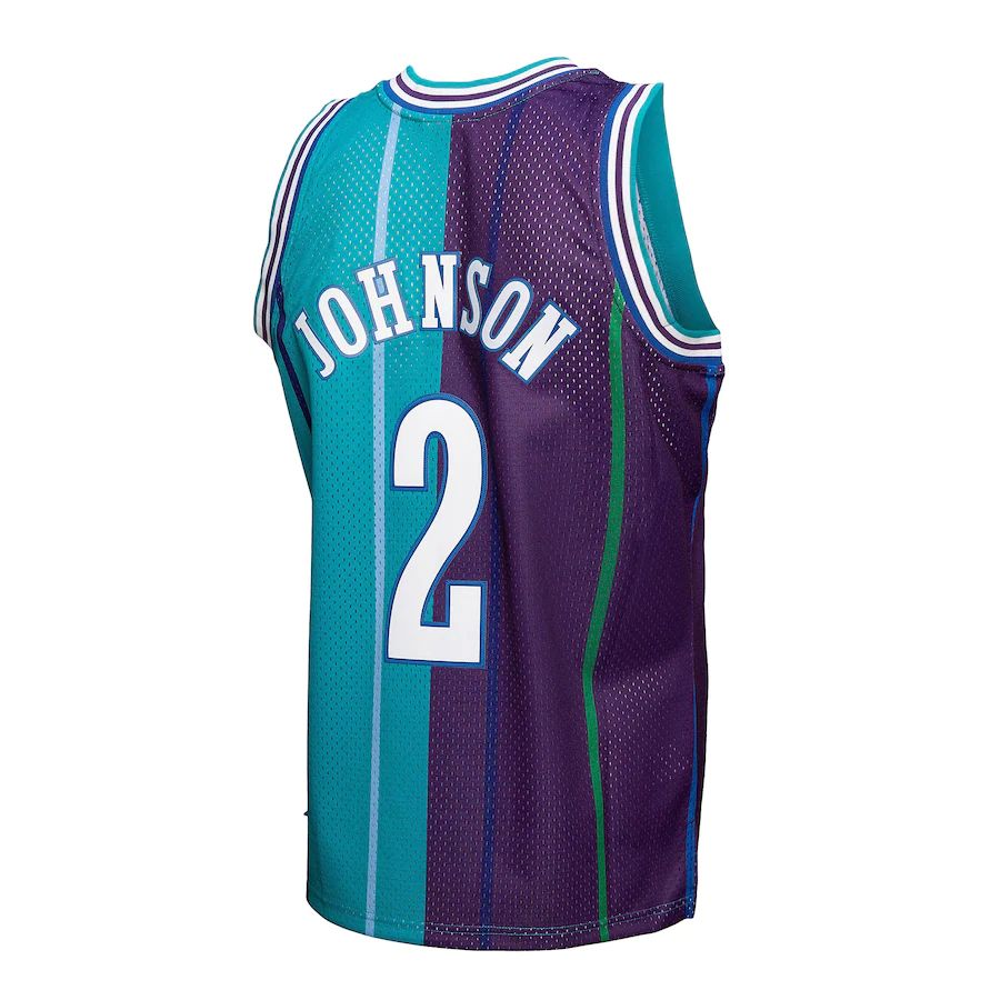 C.Hornets #2 Larry Johnson Mitchell & Ness Hardwood Classics 1992-93 Split Swingman Jersey Teal Purple Stitched American Basketball Jersey