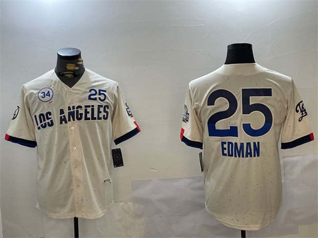 Los Angeles Dodgers #25 Tommy Edman Cream 2024 World Series With No. 34 Patch City Connect Limited Stitched Baseball Jersey