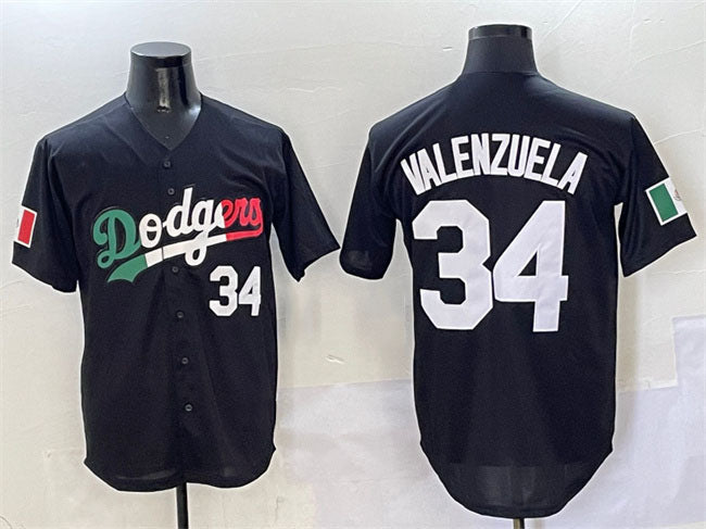 Los Angeles Dodgers #34 Fernando Valenzuela Black Mexico Flag Cool Base Stitched Baseball Jersey