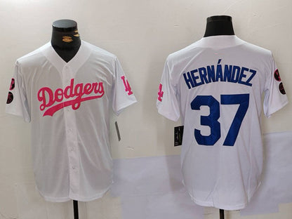 Los Angeles Dodgers #37 Teoscar Hern¨¢ndez White Pink Vin & Kobe Patch Stitched Baseball Jersey