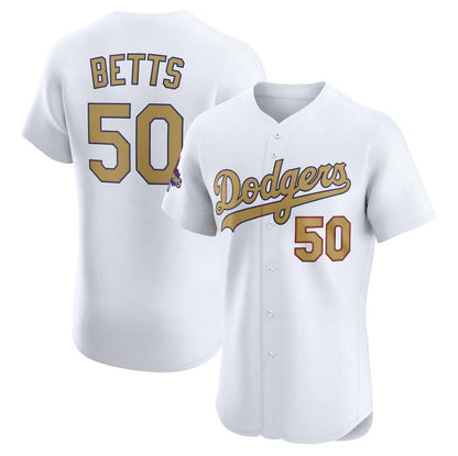 Los Angeles Dodgers #50 Mookie Betts White 2025 Gold Collection Elite Stitched Baseball Jersey
