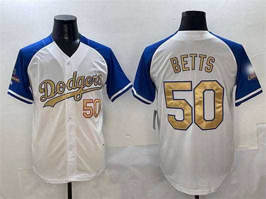 Los Angeles Dodgers #50 Mookie Betts White Royal Gold 2024 World Series Champions Vapor Limited Stitched Baseball Jersey