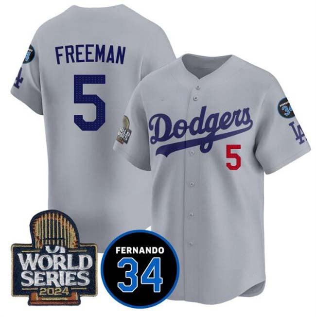 Los Angeles Dodgers #5 Freddie Freeman Grey 2024 World Series With Fernando Memorial Patch Limited Stitched Baseball Jersey
