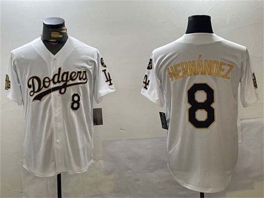 Los Angeles Dodgers #8 Enrique Hern¨¢ndez White Gold 2024 World Series With Fernando Memorial Patch Home Limited Stitched Baseball Jersey