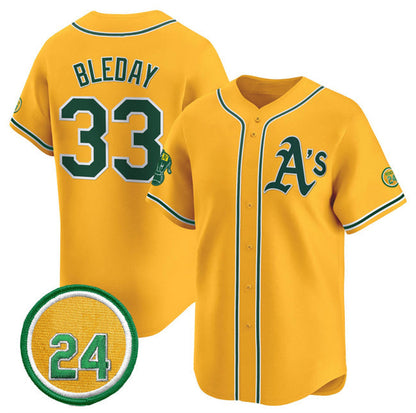 Oakland Athletics #33 JJ Bleday Yellow 2024 Limited With Rickey Henderson Patch Stitched Baseball Jersey