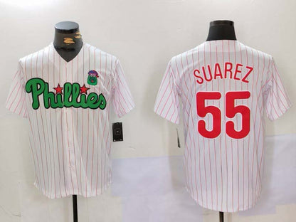Philadelphia Phillies #55 Ranger Su¨¢rez White Green Cool Base Stitched Baseball Jersey
