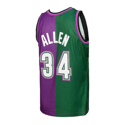 M.Bucks #34 Ray Allen Mitchell & Ness Hardwood Classics 1996-97 Split Swingman Jersey Green-Purple Stitched American Basketball Jersey