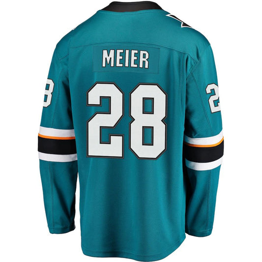 SJ.Sharks #28 Timo Meier Fanatics Branded Home Premier Breakaway Player Jersey  Teal Stitched American Hockey Jerseys