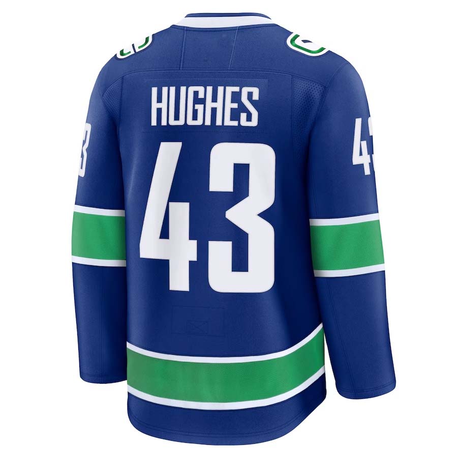 V.Canucks #43 Quinn Hughes Fanatics Home Premium Jersey - Blue Stitched American Hockey Jerseys